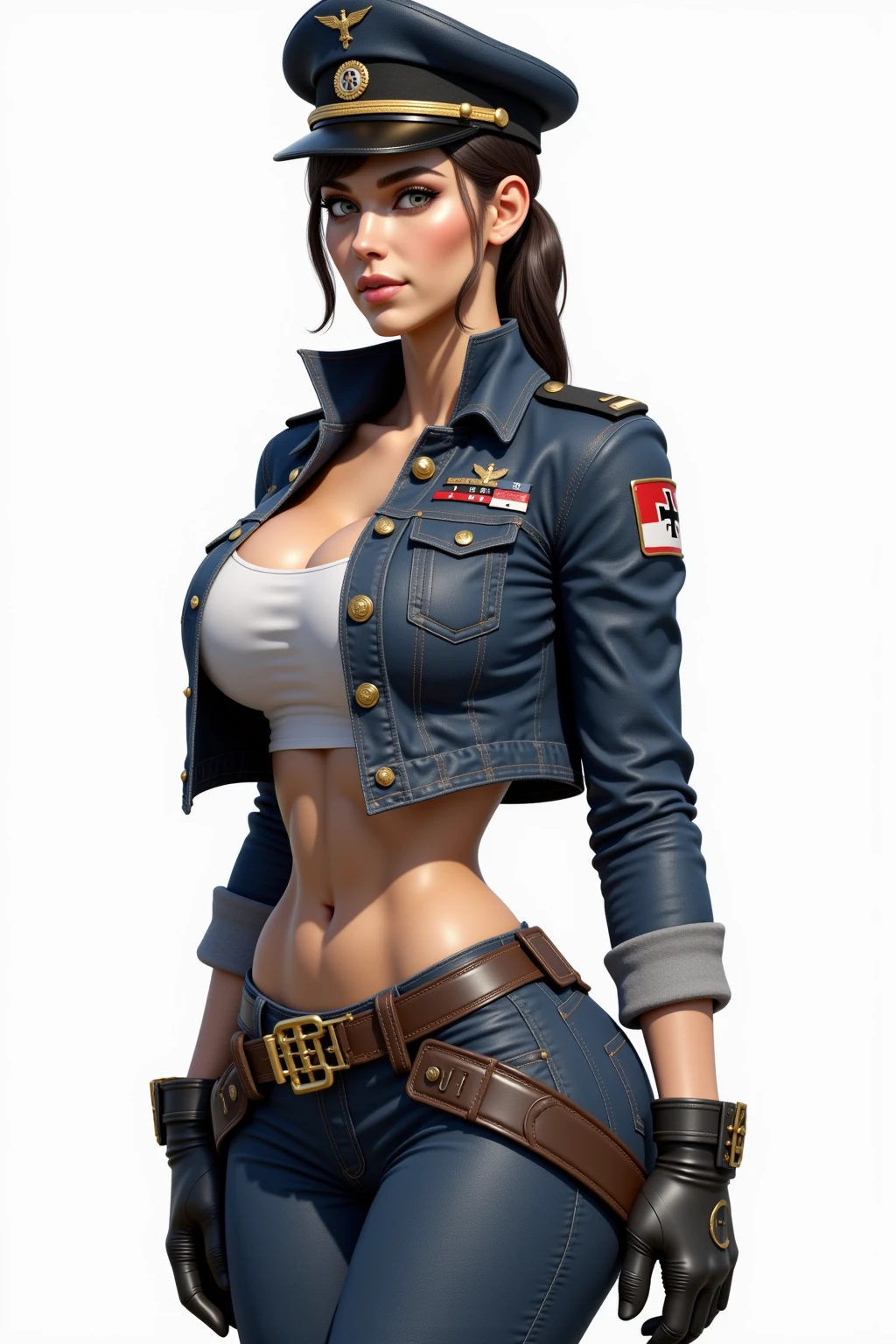 1 girl, masterpiece, macross delta splash art, best quality, tight transparent white tank top, midriff, underwear, big breasts, cowboy hat, gun holster on hip, highly detailed gun, realistic gun, Colt Peacemaker in hand, gun aimed forward, sheriff badge, bullets on belt, brown leather duster, leather overcoat, detailed eyes, sparkling eyes, beautiful hands, highly detailed hands, shiny skin, shiny hair, blue eyes, light dark hair, tall, long hair, straight hair, full body, American flag, big breasts and slender body,