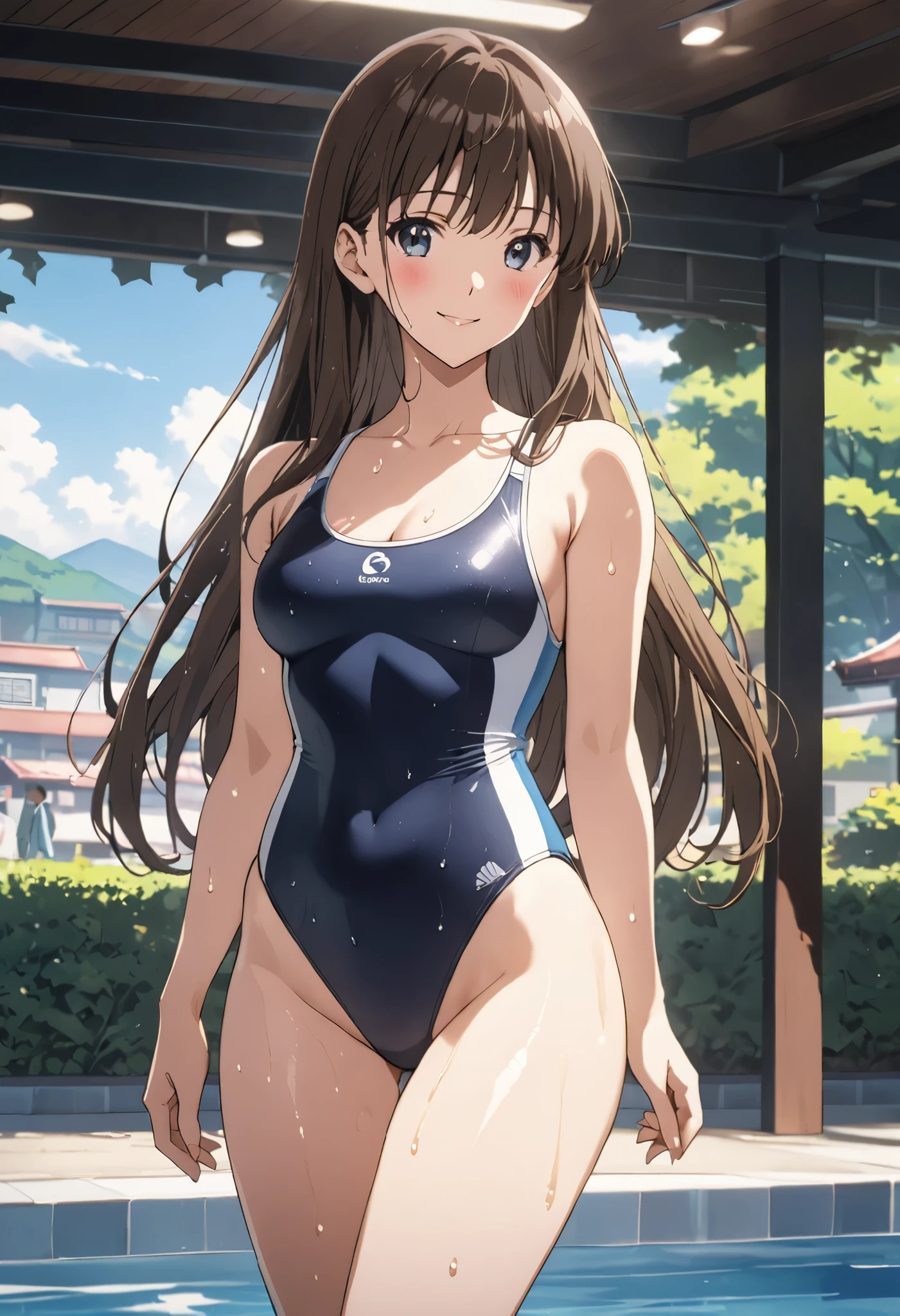 12-year-old Japanese girl, (((anime, cg, 8K quality, hyper reality, Perfect drawing))),
Standing by the poolside, (solofocus),
Her delicate face radiates a gentle shine, (top-quality: 1.3),
Skin as smooth as silk, (beautiful: 1.2),
Gently smiled, revealing her perfectly aligned teeth, (perfect: 1.1),
Wearing a tight-fitting white swimsuit, highlighting the curves of her body, (accurate depiction: 1.1),
Body lines clearly visible, showcasing an identifiable hourglass figure, (hyper reality