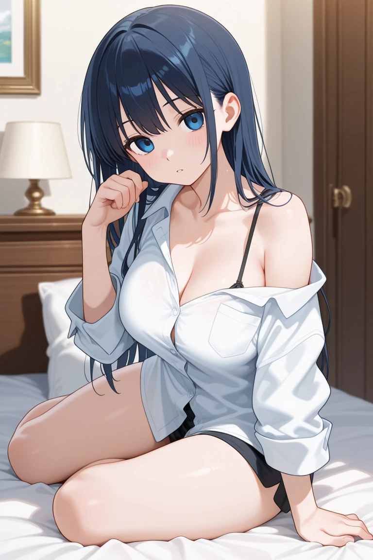 21 year old young man, long dark hair light blue eyes, big breasts and wide waist, very sexy, dressed in an open shirt at the bottom and white mini shorts, sitting on the bed with your hand on your breasts, Simple smile.