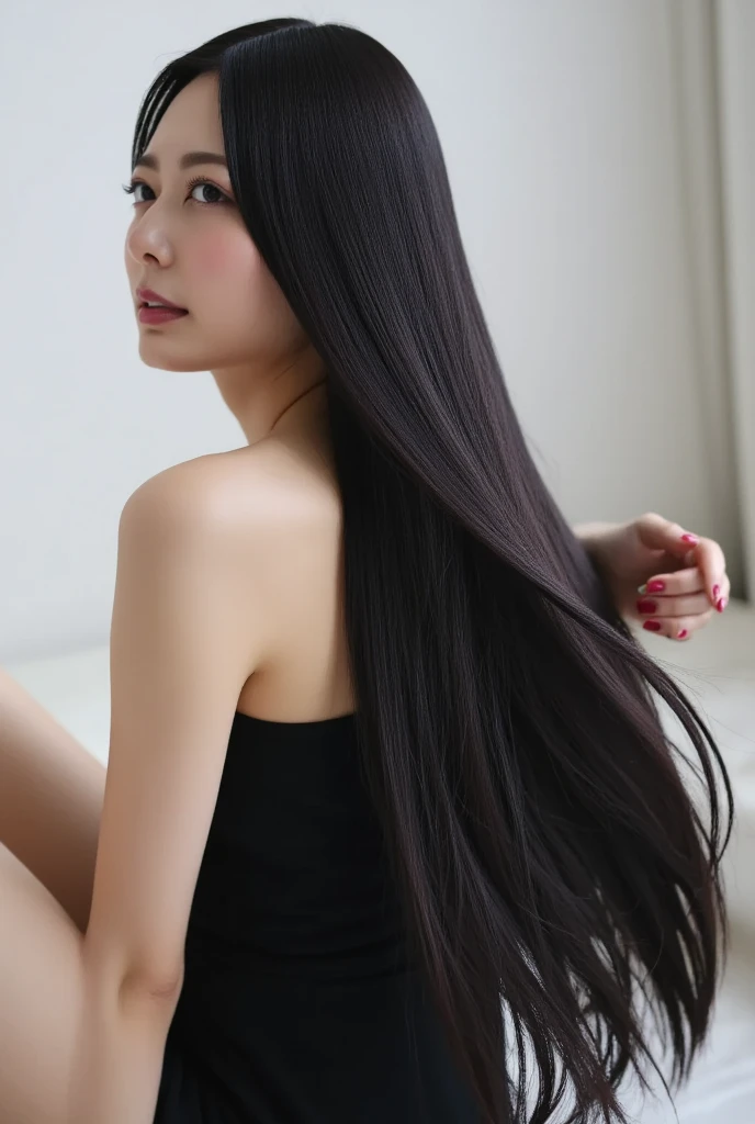 ((Random poses that show as much back and hair as possible:1.3)) ((Beautiful 24 year old hair model with long black hair, girl with super length Hair, extremely length Hair, extra length Hair, very long, Flowing Hair, very length Hair, length Hair girl, very long, Flowing black hair, length Hair windy, Very long black hair, length, Flowing Hair, length and curly hair, with length Hair, length Hair!!!! Stand in front of a mirror Her highest quality hair is long and straight., very long, highest quality black hair, length hair in the center, Highest quality long straight hair, length, straight, beautiful, High quality hair, length and free black highest quality straight hair, length Hair, length and straight, highest quality black hair, Perfect silky straight hair of the highest quality, straight, highest quality black hair, length black straight hair, length, Thin black hair Her hair is long and straight, very long black hair, length hair in the center, length straight hair, length, straight, beautiful hair of the highest quality, length Hair, length, straight black hair, length and free straight black hair, straight black hair)) (Her bangs are perfect.:1.3) (Pure white wall background:1.8. Above the knees photo) (The 24-year-old beautiful hair model with the most beautiful hair in Japan) (She looks at the viewer with a very seductive expression..) ((highest quality)), ((masterpiece)), (Familiar) (Get used to it) Perfect Face (Her skin is a typical 日本ese skin color.、And very detailed) (Big Breasts:1.3) (She is wearing a light blue skirt and a white blouse..) (She has a beautiful face and a slim figure..., Narrow eyes) (She has perfect beautiful makeup and face Lipstick is light red A solid eyeliner) ((Rich 1.4)) (Extremely detailed 8K) (Ultra-fine skin texture 1.4) (Actual, Vibrant:1.4), double eyelid Sharp focus:1.2、Beautiful woman:1.4 Dynamic Lighting (Genuine RAW photos taken by professional photographers) (Her long bangs、Well Organized) (Turn your whole body to the viewer) Professionally lit from the front (She has a bright and cheerful face) (She is wearing a white pleated skirt and a white blouse.)