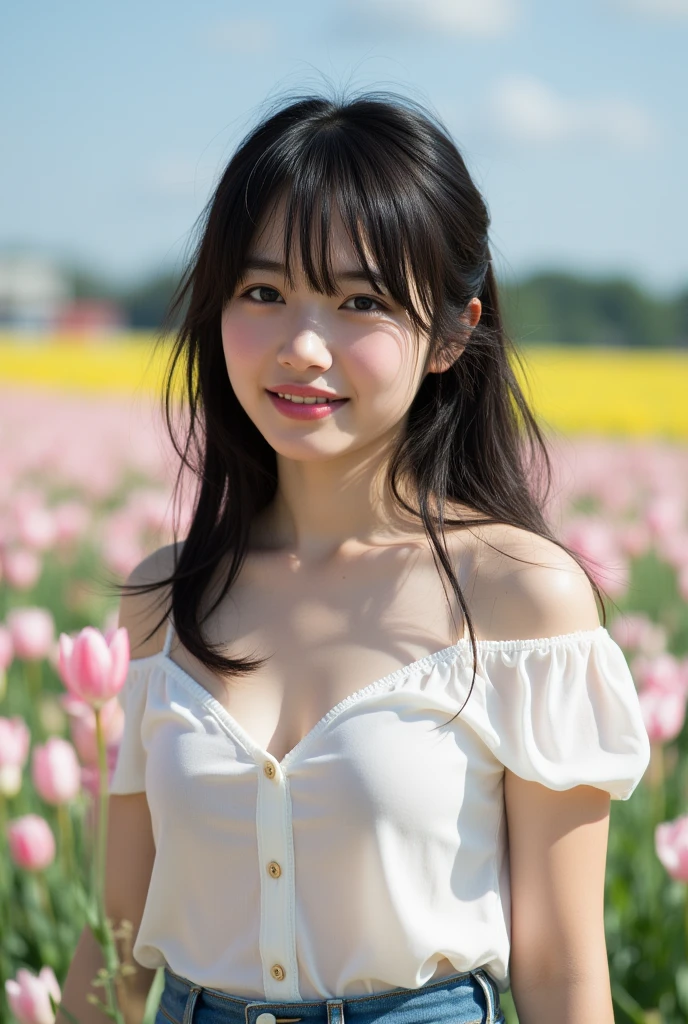 (squat)、(highest quality:1.5)、(Realistic:1.5)、(1 person:1.5)、(Very detailed)、(High resolution)、8k、(レース付きのダークカラーのmini skirtドレスを着る)、(Small breasts)、Natural color lips、Cute Smile、20-year-old girl、(Beautiful and elaborate face)、(Perfect and beautiful face)、(Big eyes)、(Beautiful and elaborate face)、(Beautiful, balanced eyes)、Beautiful double eyelids、Perfect and beautiful face、Arched thin eyebrows、Cute pose、Slim face、(Slim figure)、Beautiful and thin nose、 Beautiful Skin、(Short ponytail hair)、Natural Bangs、Fair skin、Front lighting、(Lighting the face)、Deep blue eyes、Slim waistline、(A hill full of colorful tuliplim and beautiful legs、Tulip Fields、