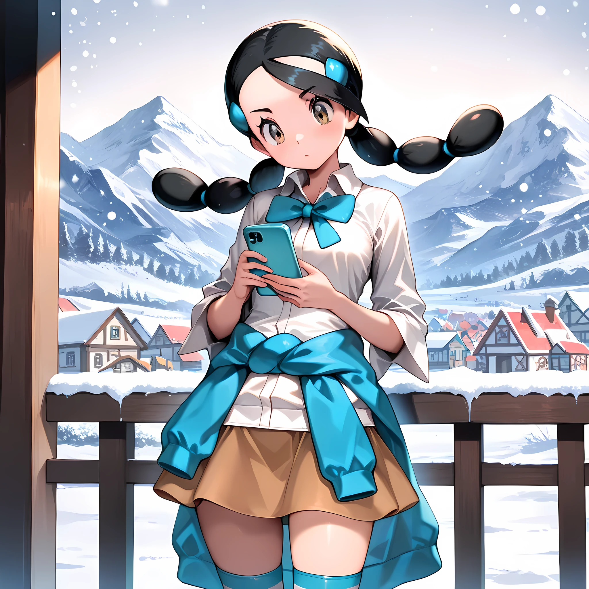 masterpiece, best quality,1boy,solo,candice_(pokemon),zzCandice, hair ornament, twintails, hairclip, striped socks, bowtie, sweater around waist, brown skirt,,snow,mountain background,snowy town,fantasy town,phone,light blue phone,head tilt,looking at phone,cowboy shot