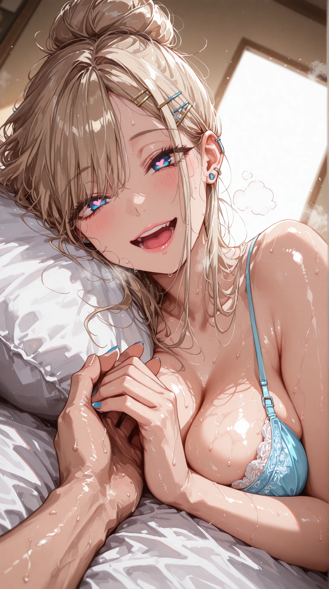 ((Browsing Caution:1.4, masterpiece, highest quality, High resolution, 超High resolution, Perfect Pixel, Depth of written boundary, 4K, RTTX 10.0, High resolution))), (One girl:1.3), Beautiful Anime Girls, Beautiful art style, Anime characters, ((Long Hair, bangs, Dark brown hair, Curly Hair)), ((Beautiful eyelashes)), ((Detailed face, Blushing:1.2)), ((Smooth texture:0.75, Realistic texture:0.5, Anime CG Style)), ((Beautiful and large breasts, Cleavage)), indoor, Bedroom, Perfect body, Slender body, (Underarm:1.4), ((Sleeping in bed, (Lying face up:1.6), sleepy, close your eyes, Lying in bed, Sleeping pose:1.2)), ((close, throw, cute, Sighing expression)), ((Stylish light blue satin lingerie with lavish decorations:1.3), (A white lace bra with a light blue base)),, (Natural light, Reflection of light, Morning Scenery, Perfect lighting),(Open your mouth wide:1.3)), Breathe with your shoulders, sexual pleasure expression, Holding in pee、Patience is the limit、On the brink of climax, (Perfect Anatomy, Perfect number of arms, Perfect hands)、(cum on face:1.3)