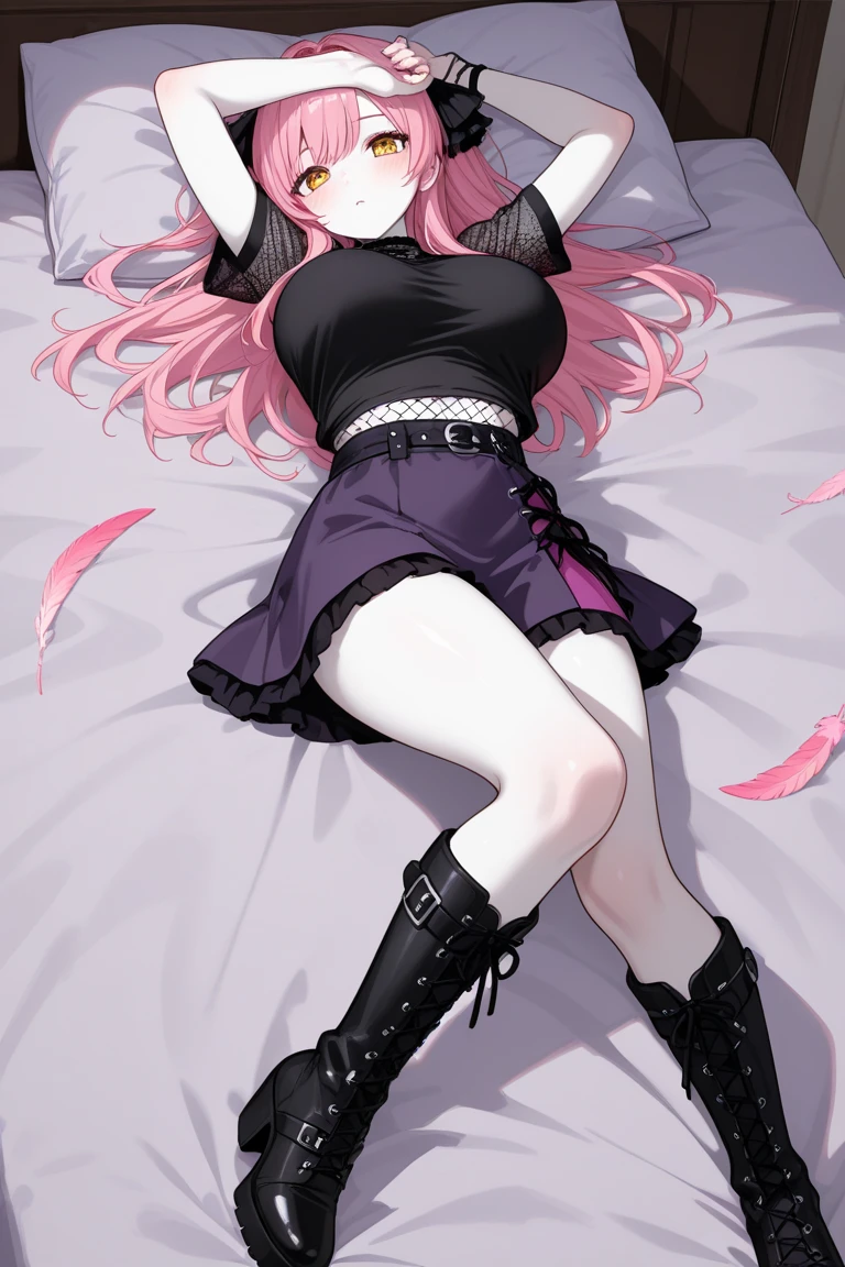 score_9, score_8_up, score_7_up, score_6_up, score_5_up, score_4_up, source_anime, 1girl,bed, pink hair ,ponytail, white eyes, fear, w-w-chain, shackles, spraed arms, black shirt, skirt, black boots, thigh high boots, night, dungeon, best quality, best res, 4K UHD,