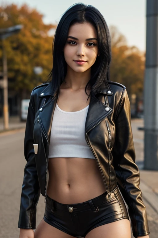 ((her skin is albinism)), ((Woman with wavy Black hair)), ((Cristal blue eyes)), almond eye, full lips, ((lighting in Cristal blue eyes)), face like Scarlett Johansson, (((her skin is very white))), no wrinkles on the face, no dark circles, (no spots on the face), (curvy body) (fat thighs), (big breasts), She is wearing an outfit for an afternoon at the art gallery in the city center: (black moto jacket with gray short-sleeved t-shirt: 1.1), (pearl gray wide straight-leg pants: 1.2)