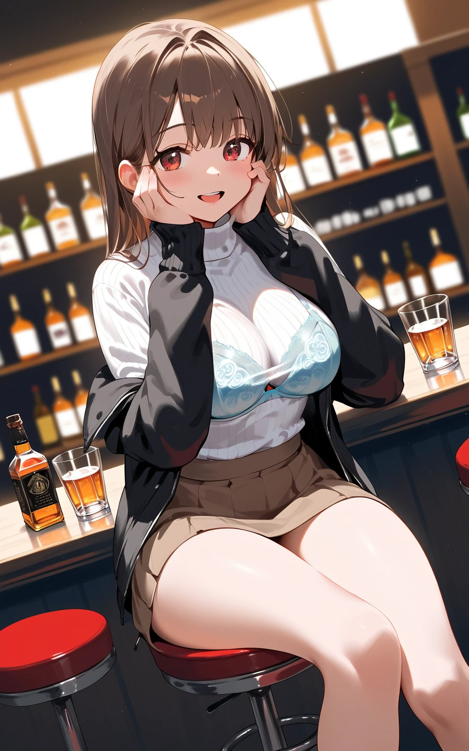 8k, best quality, realistic photos, realistic details, clear face, delicate facial features, real skin shine, a cute girl, shy, facing the camera, girl sitting in a bar in a gray fishnet sweater and tight denim, clear bar background, sea view, arms on bar counter, hips, slim body, big breasts, 24 years old, charming, seductive eyes