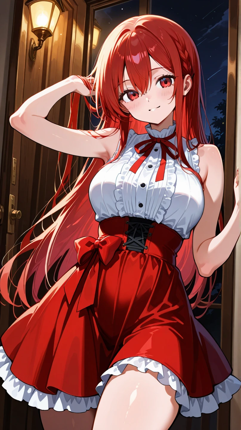 anime girls with red hair and blue eyes wearing a red skirt and an open shirt revealing a black bra