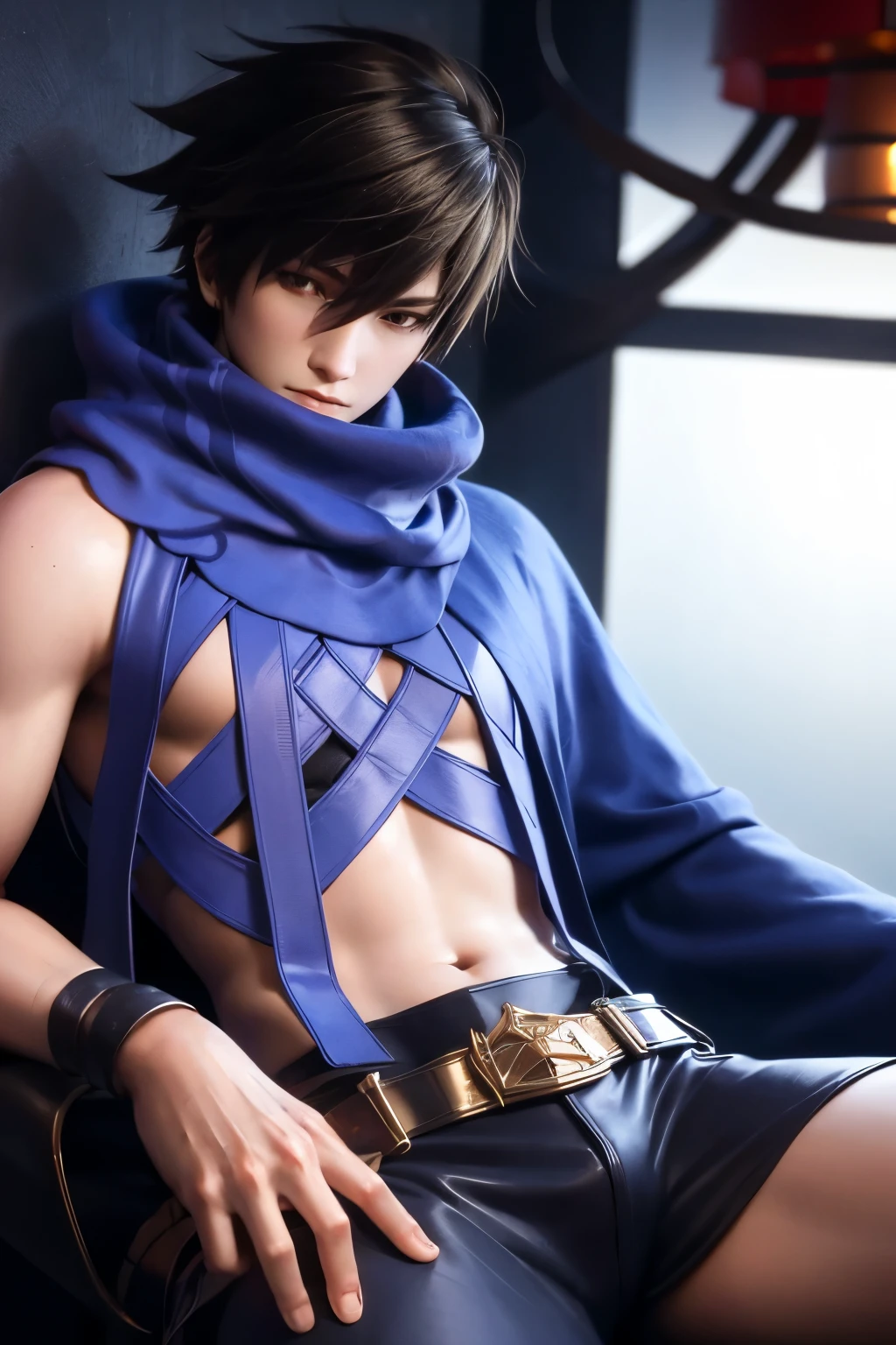 An anime boy, blue black hair, wolf's ears, blue colored eyes, frowning, dressed like prince, 8k, HD