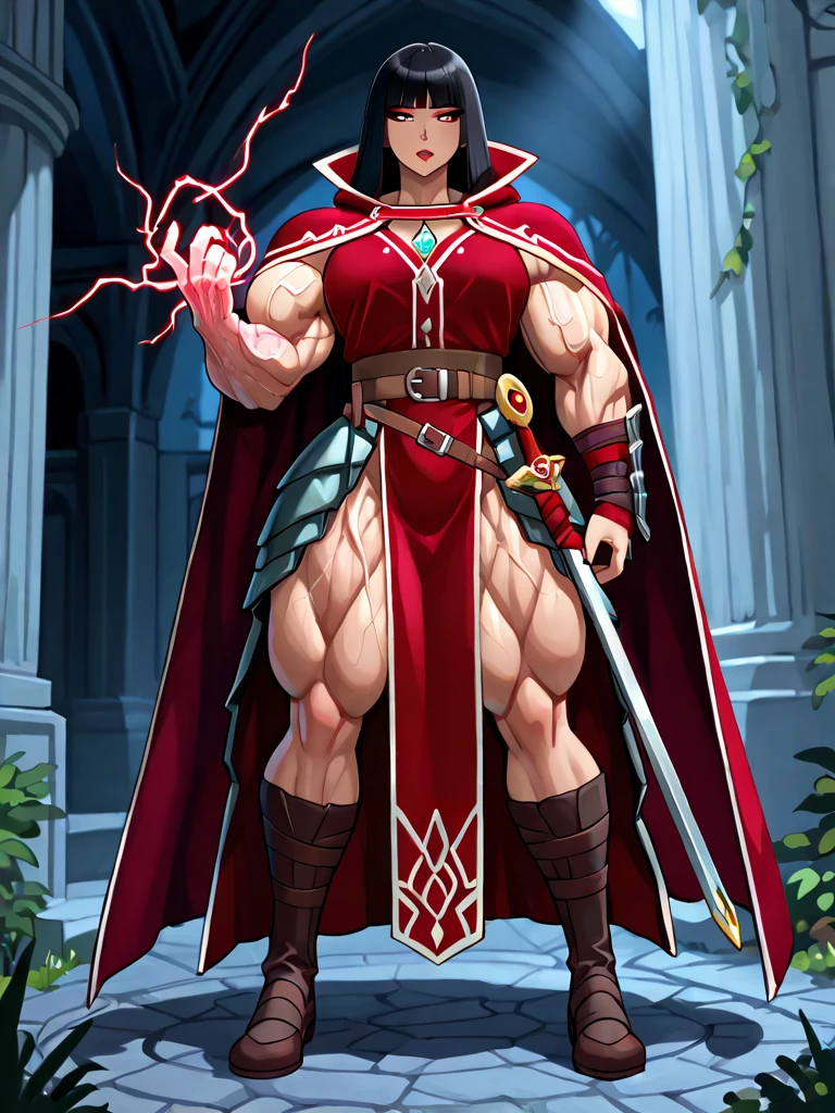 (score_9, score_8_up, score_7_up), (adult, 1femboy, seductive face, seductive expression) twisted torso, close up, lipstick, glowing magenta eyes, magenta long hair, bangs, toned, abs, manboobs, wide hips, mortal kombat, red dress, vest, bracers, fingerless gloves, pelvic curtain, bare hips, thick thighs, thigh highs, indoors, medieval interior, cinematic, source_anime, rating_explicit,