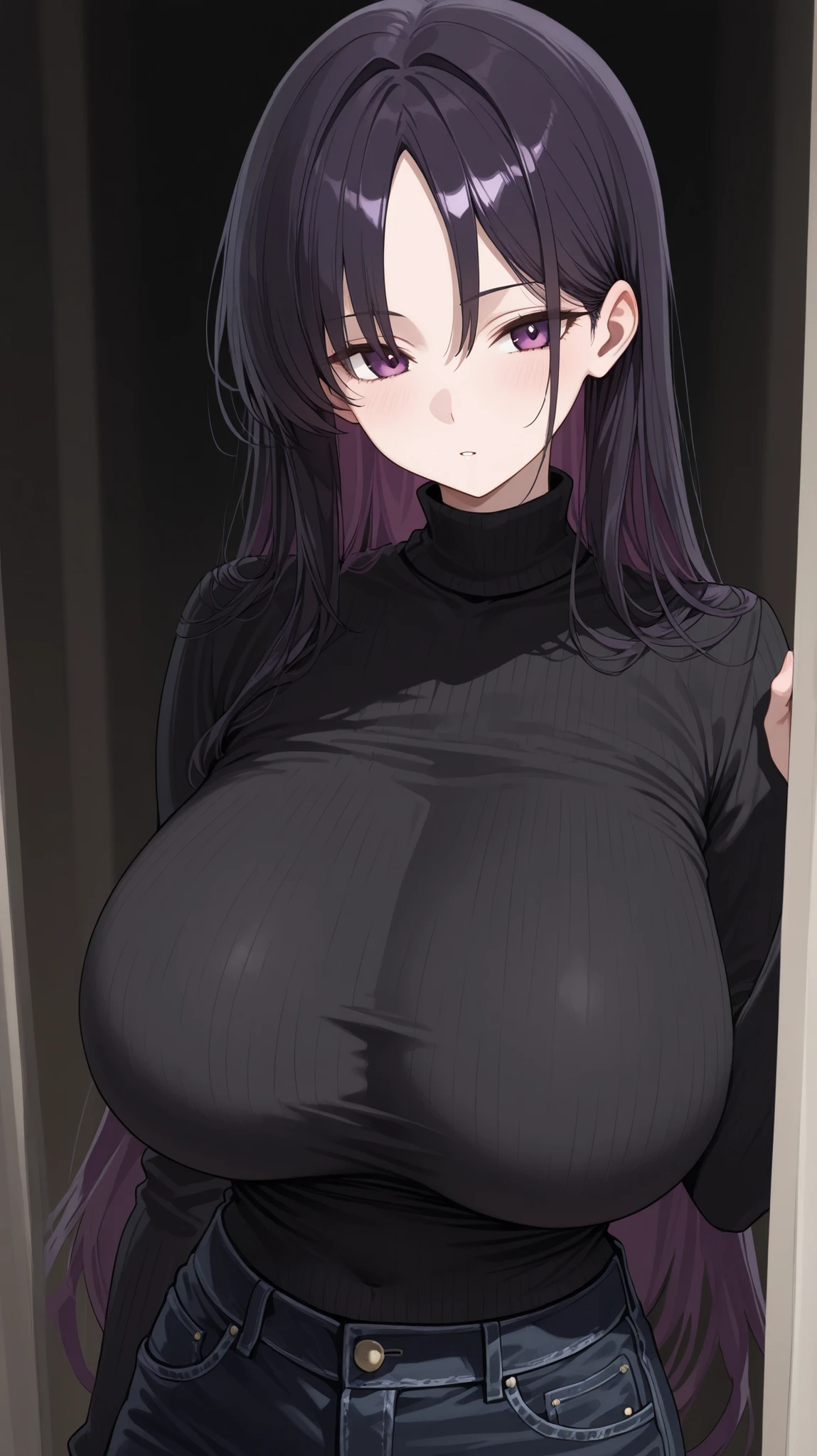 1girl,black hair,golden eyes,glowing eyes,Valiant face,sharp eyes,shirt hair,big ,tight shirt,black shirt