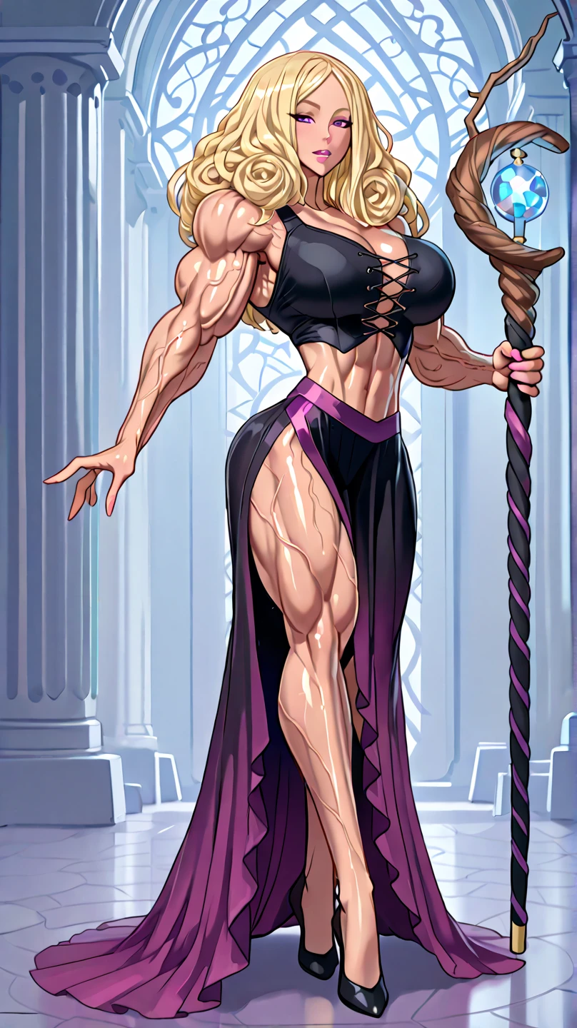 Appearance
Gender: Female
Age: Mature
Race: Drow (elf with dark skin and white hair)
Height: Full-body
Skin: Gray
Hair: White
Eyes: Purple
Attire: Bikini, revealing abdominal muscles
Accessories: Large earrings, ragged rags, chain necklace