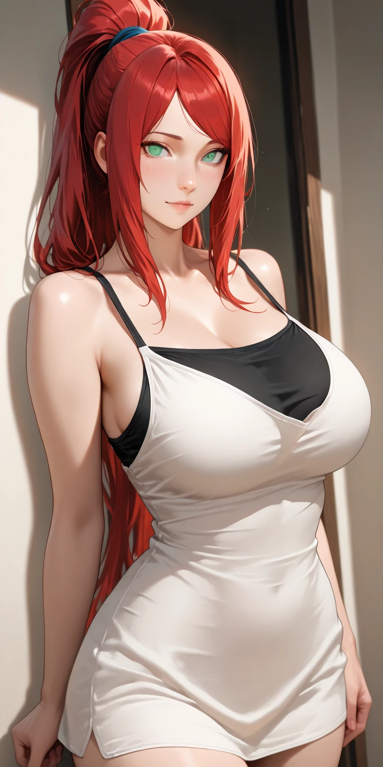 Large round breasts, (1 mature Girl), ((light red hair: 5.2, long straight style, symmetrical bangs)), green eyes, double eyelids, light effect on eyes, wide hips, white skirt dress, long sleeves, stylish, beautiful smile, shy, blush on cheeks, ((sexy body)), solo, best quality, masterpiece, portrait, flirting with viewer, sensual pose, detailed, perfect anatomy, detailed art, high definition, 4k, high resolution, garden, grass, bouquet of flowers