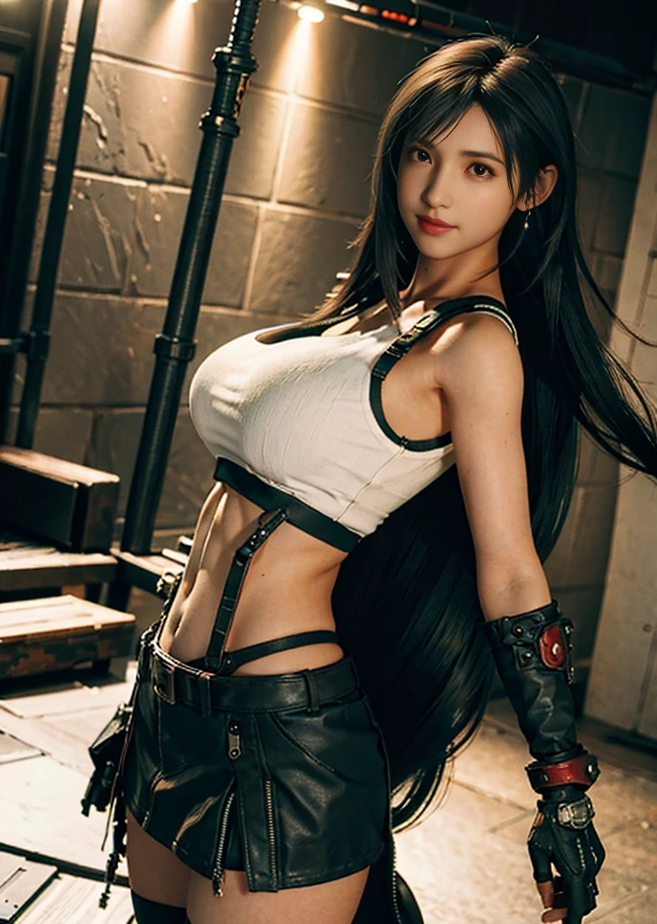 (Top Quality, Masterpiece: 1.1), (Realistic: 1.3), BREAK (((FF7,Tifa_lockhart))),(tifa_lockhart and monsters)(A dark, barely lit torture chamber:1.3),(face focus:1.1) BREAK (((FF7,Tifa_lockhart))),Light Brown Hair, (Big Breasts),(Tifa_lockhart uniform:1.3, suspenders, low rise, black mini skirt, loss white tank top),clothed:1.5, BREAK (((FF7,Tifa_lockhart))), dry hair, about 18 years old, sensual, looking away:1.2, T-back under-ware