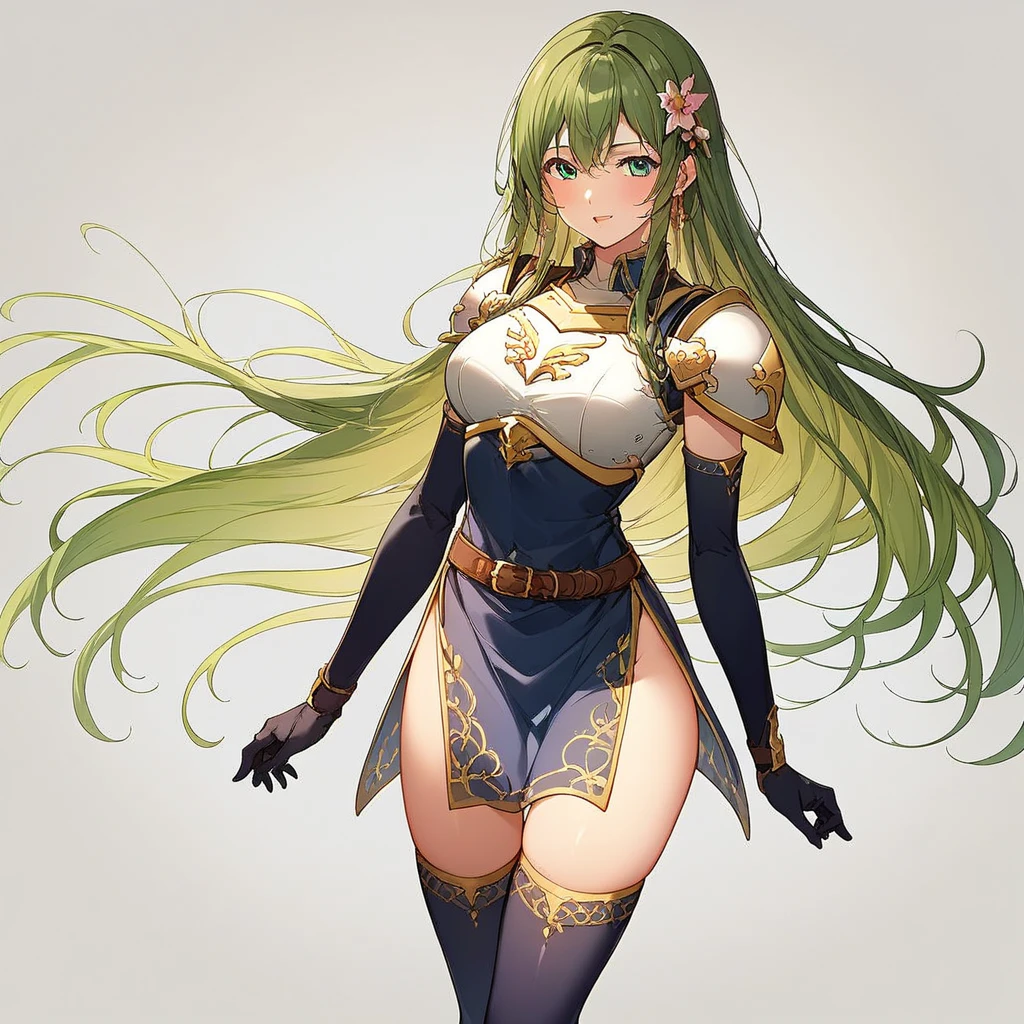 "(masterpiece:1.1), best quality,
1girl, (80s anime style:1.4), (eyelashes:1.5),(li:1.2),
(intricate high detailed body:1.2),
green hair,
(forehead:1.2), short blunt bangs, (long hair, drill hair:1.1), (headband:1.2),
red eyes, (red lip stick, detailed pupils:1.1),
(muscular body:1.1), (medium breasts:1.1),
shy,
(see-through bikini armor, corset:1.2), (pantyhose:1.1),
(knight armor, armored boots:1.2), (suspenders:1.1), (accessories:1.1), long gloves,
standing, arms behind back,
(full body, looking at viewer, from front:1.1),
(simple white background:1.2)"