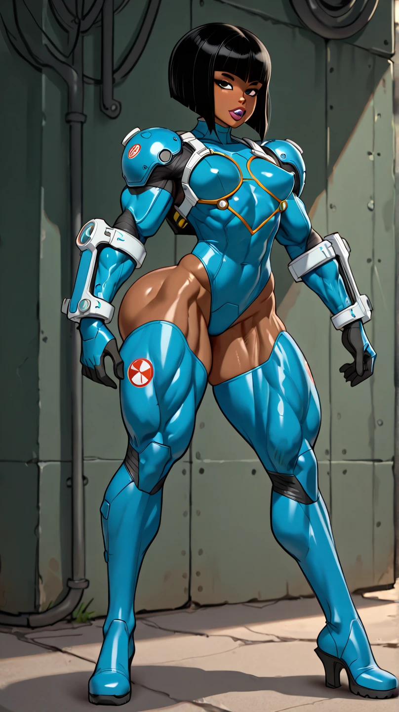 full body, BLUE breastplate, BLUE skin (1girl)(BLUE skin:1.2), looking at viewer, shiny, armor, thighhighs, high boots, pauldrons shoulder armor, faulds, poleyn, gloves, gauntlets, rerebrace armored boots, (masterpiece, best quality, ultra-detailed, best shadow) yordle pointy ears muscular lean platinum blonde long twin-tails hairstyle at the office lustful smirking smile face red blushed, blush, strong abs, female body builder, tiara, twin drills hair
