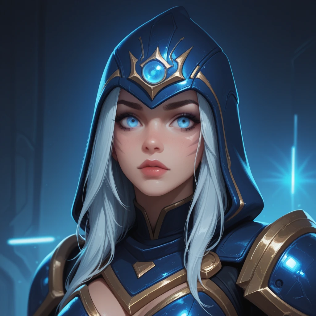 um close up de uma mulher com uma roupa azul com um capuz em, 3 d render arte do caractere 8 k, Jaina Proudmoore, Artgerm ; motor 3d unreal, fantasia paladin mulher, personagem warcraft, retrato cavaleiro feminino, cavaleiro feminino bonito, epic mage girl character, hero character art, valkyrie style character, personagem de fantasia hiperdetalhado, personagem feminina