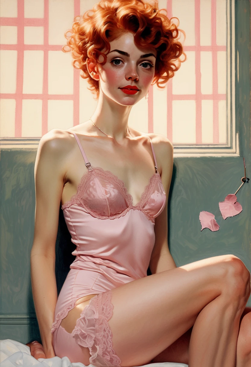 a girl in topless small white panties sitting on the floor legs wide open in the style of Gigi Cavenago and Jeffrey Jones and Albert Beck Wenzell and norman rockwell