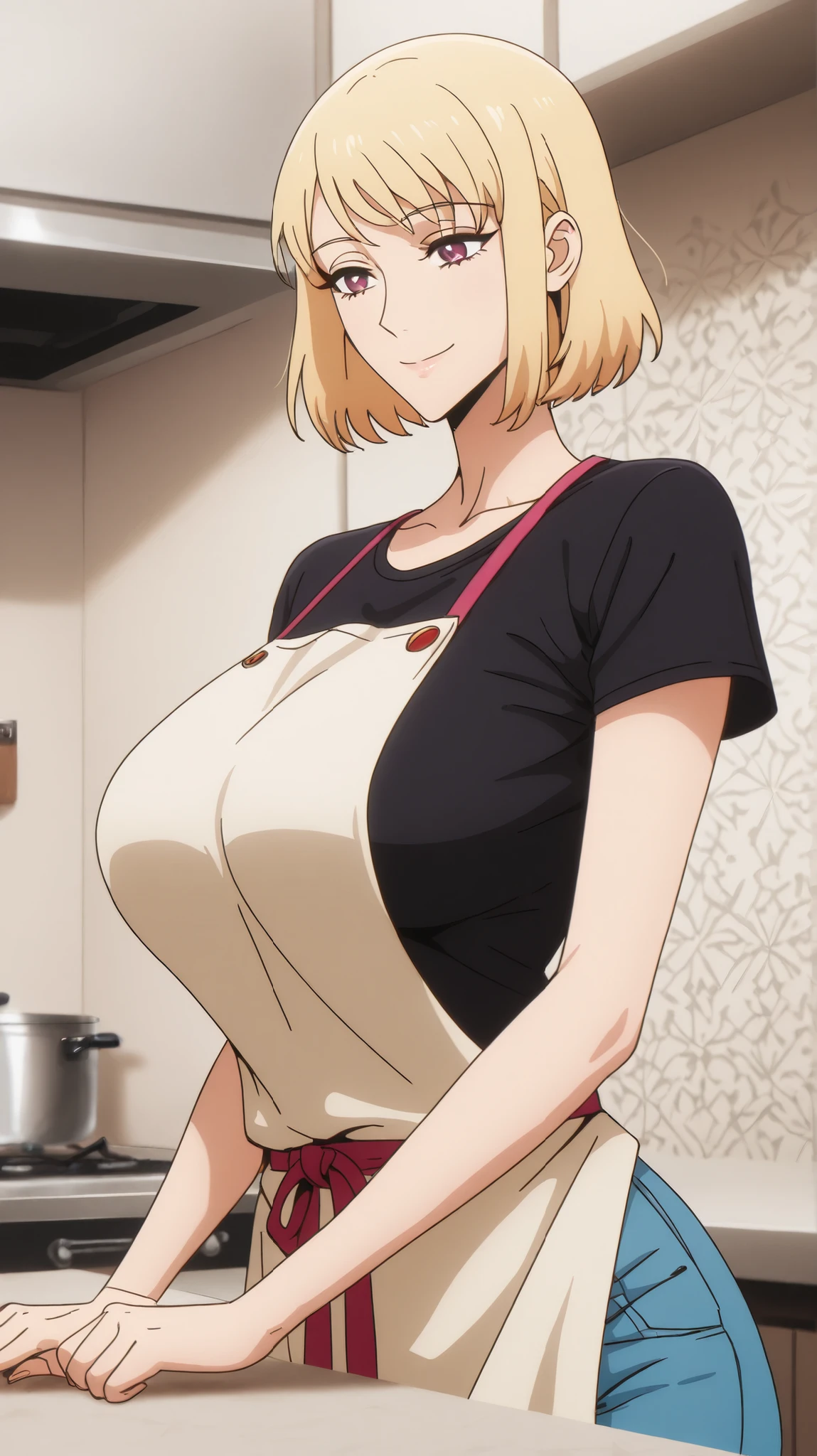 Perfect anatomy, (extremely detailed:1.0), absurdres,// naked apron, 1girl , sexy,breasts_squeezed_together, breasts squeezed together, 0.8v arms, Large breasts, breasts,, collarbone, Slender,// modern kitchen, Pots and pans, Cutting board, Chef's knife, food, , from side, High quality shadow, High quality light rays, Depth Of Field, Medium Full shot, blonde hair,,blue eyes