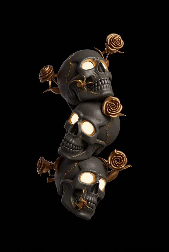 A stunning steampunk-inspired 3D rendering of a gold, black, cobalt blue, and orange metal skull. The intricate design features screws, nuts, rods, and rivets, with small leaves and fruits surrounding it. A lit candle casts a warm glow on the sculpture, creating an eerie yet captivating atmosphere. The artist's signature, "BIGURILHAS," is prominently displayed in small cursive script at the bottom of the design, accompanied by fun typography. Below the signature, the author's name, "Created by RAPATABUAS," is written. The image is captured in an isometric view with professional lighting, showcasing the impressive craftsmanship and attention to detail., typography, portrait photography, 3d render, photo.