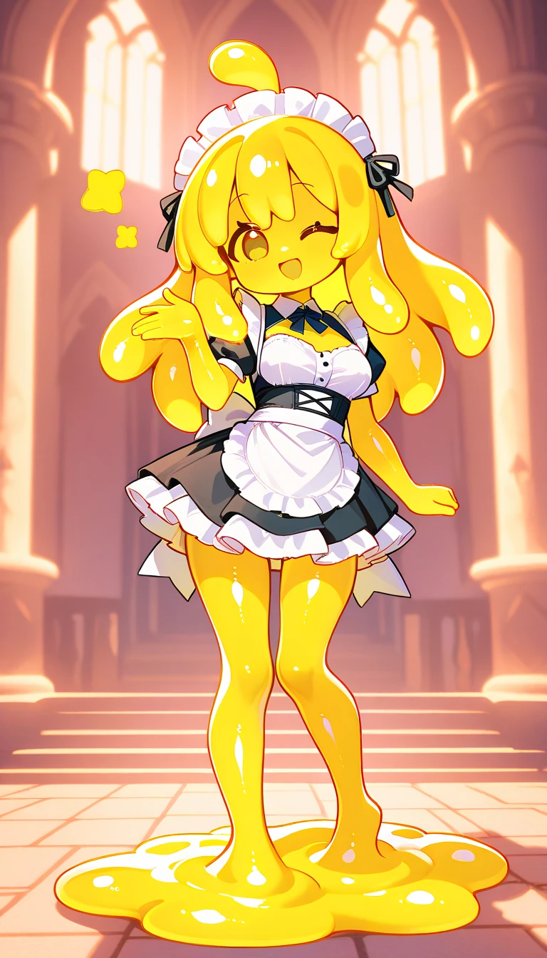 ((yellow blonde skin color)), Black camisole, Black leggings, yellow blonde hair, red eyes, two red hair ornaments, Non-human girl, slender, , navel, ((Yellow skin color)),Slime girl, Slime, monster girl, transparent body, colored skin