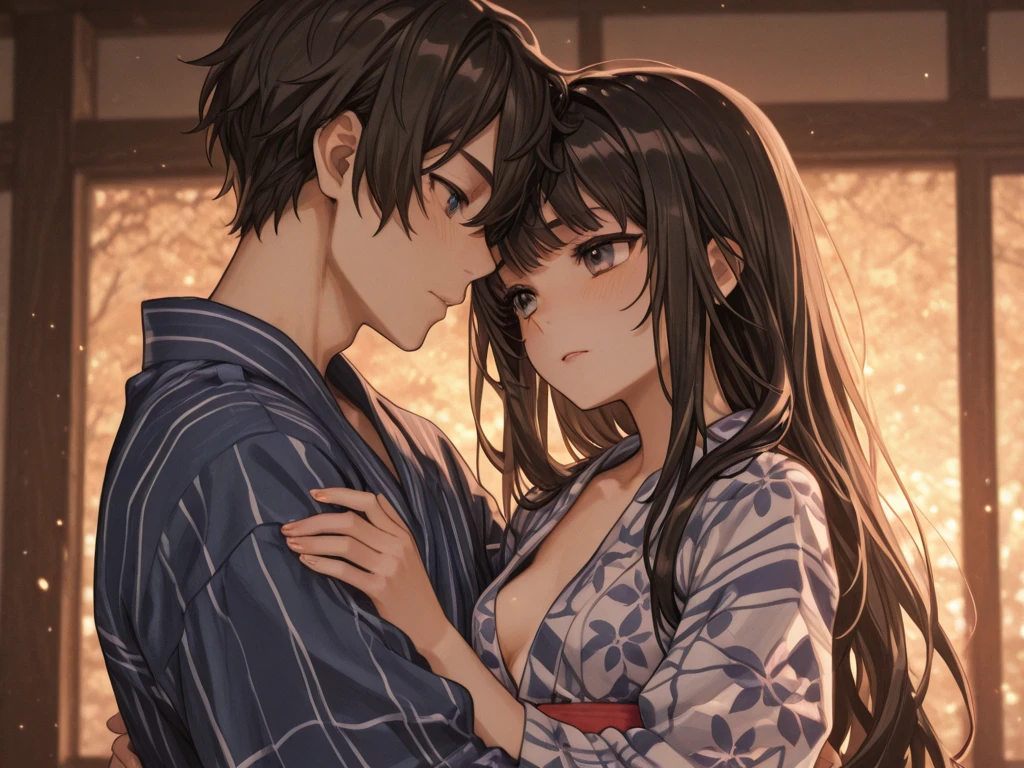 Black hair long straight Straight Hair Smooth and straight hair Straight bangs Male and female couple hot spring Boy hugs girl from behind moonlight dim The girl is trying to cover herself with a towel