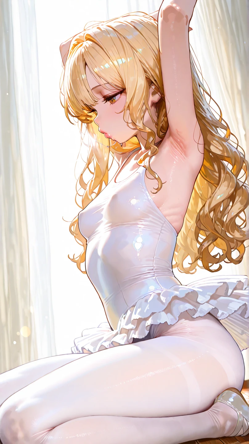 masterpiece, best quality, highres, kitagawa marin, 1girl, blonde hair, long hair, swept bangs, gradient hair, red eyes, jewelry, earrings, piercing, glossy lips, ballerina, sleeveless leotard, tutu, pantyhose, (view from behind)