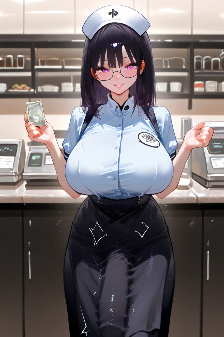 masterpiece, detailed, (realistic:1.2), young korean woman, bar staff, (detailed face, beautiful face), (gigantic breasts:1.8), (bursting breasts:1.6), pleased expression, (open smile(, thin, leaning forwards, (strap top:1.2), (holding dollar bills), crowded bar, (underboob:1.2), nipples