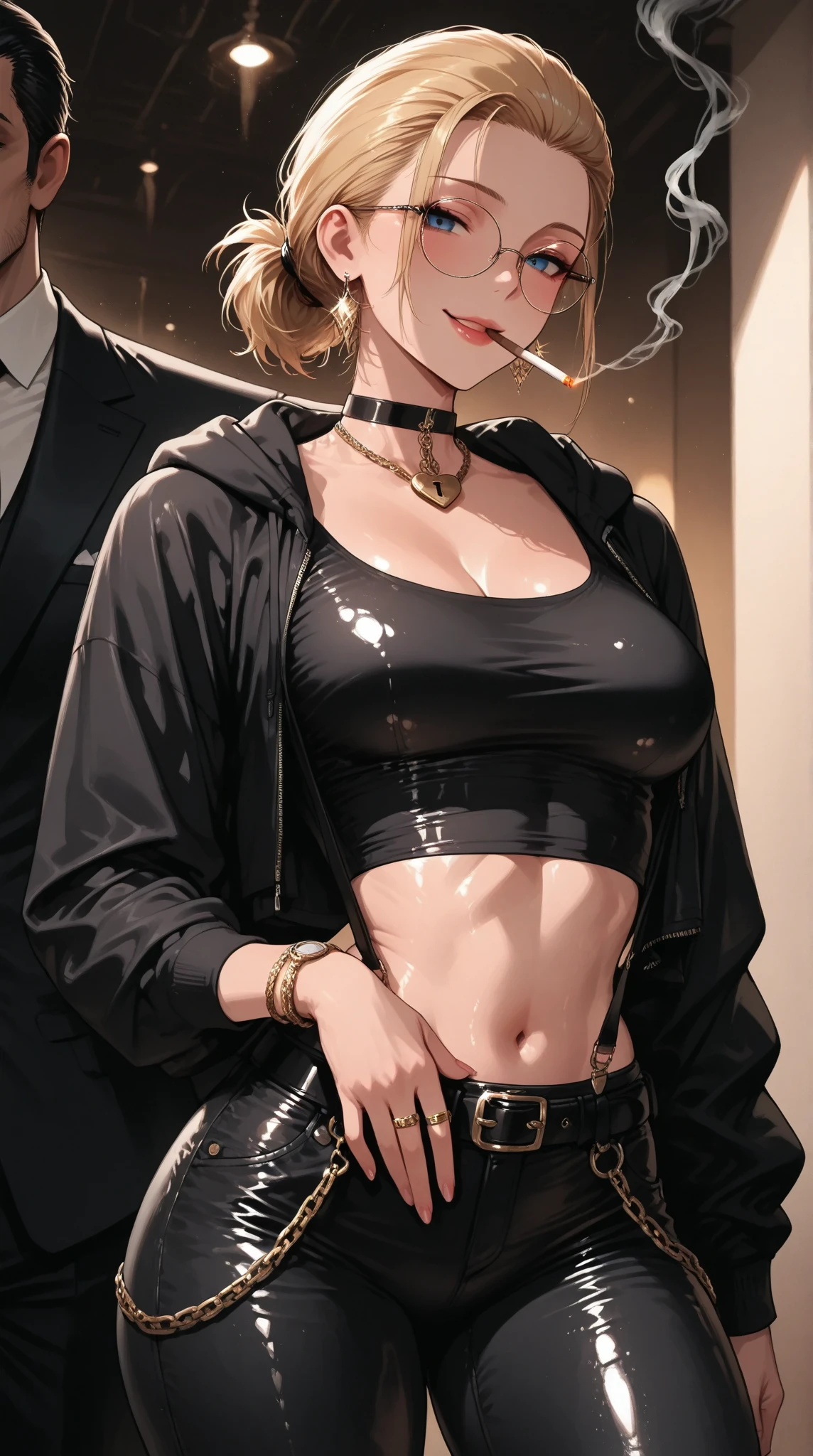 (((One girl))), blond hair, Wavy Hair, bob cut, (cowboy shot), (looking at viewer), ((black naked jacket:1.3, sleeves past wrists)), (((oversized))), cleavage, face in focus, teenager, head tilt:1.3, (((blue eye))), ((sunglasses)), ((happy smile)), ((blush)), contrapposto, one hand on hip, black panties, anime style, (best quality, 4k, 8k, highres, masterpiece:1.2, ultra-detailed, ultra-detailed eyes, HDR, UHD, studio lighting, ultra-fine painting, sharp focus, physically-based rendering, extreme detail description, professional, vivid colors, bokeh)
