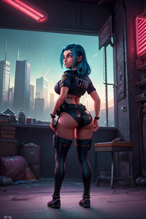 cyberpunk gunsmith in her workshop, from behind, thick thighs, plumb ass, huge breasts, a little dirty, punk haircut, blonde, strong