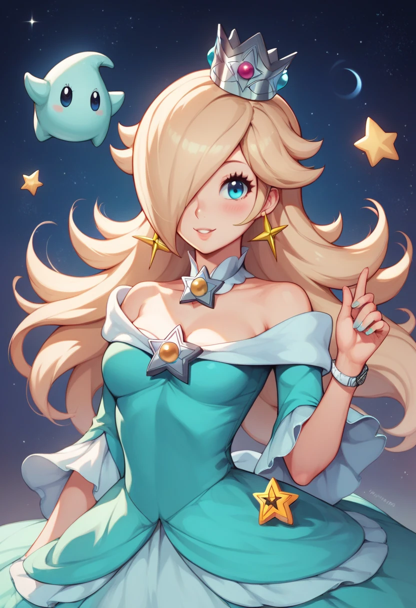 score_9, score_8_up, <lora:mario universe-v6 pdxl:1> illustration of princess rosalina, solo, breasts, (blue:1.2) (r:1.3) (blue dress:1.2), rating safe, white gloves, official Nintendo artwork, magical, fantasy style