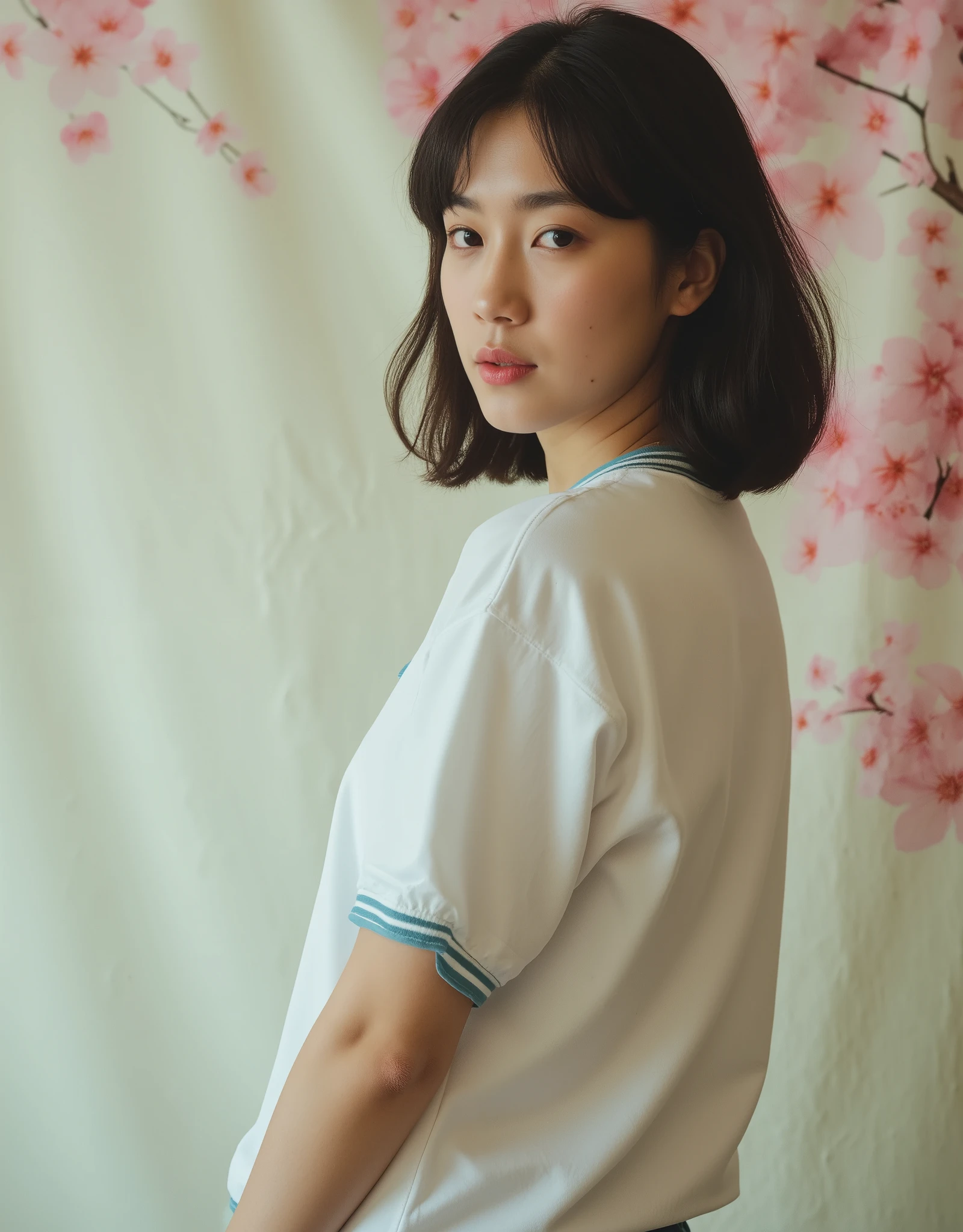 A young Japanese woman wearing shorts, , softly curly black hair and delicate retro-inspired makeup in front of a faded cherry blossom canvas, quentes, evoking the nostalgic charm of the 1970s school yearbooks. She wears a vintage-style white athletic t-shirt with blue trim and comfortable indigo pants, typical of gym uniforms Japanese schoolgirl from past decades. Her pose is relaxed and elegant , partially moved away from the camera, looking back with a composition and reflection expression. The background has a slightly faded texture with pink and blue tones, looking like an old movie photograph. The image is taken in soft focus with, soft colors and a light grain filter for Play old movies. The lighting is diffused and natural, casting soft shadows. analog aesthetics from the 1970s, moda retro, nostalgic mood , Soft grain from the movie, vintage photography style, Ultra-detailed Textures , classic sportswear for students, timeless femininity, quiet elegance.