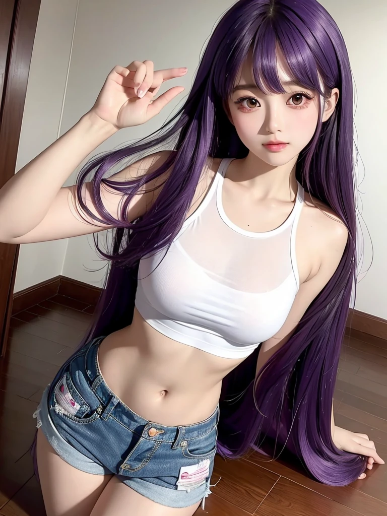 Character Details:, - Gender: 1 Girl.
- Style: Anime, - Body Type: Attractive body, slim body, nice legs, slim tights, nice arms, nice shoulders. - Breast: Small Breast, No Bra
- Facial Features: Beautiful, Gorgeous, Teenager, Fresh, Young.
- Expression: Smile, Pink Blush on Face, Sexy Eyes, Sexy Look, Innocent Look, Tipsy. - Hairstyle: Blunt Bangs, Long Hair. - Hair Color: Dark Purple Hair.
- Clothing: Loose Tank Top. - Body Pose: Sitting, hands down. - Behaviour: Waiting, Want Something, Secretly.
- Accessories: Earrings., Environmental Details:, - Setting: Office Room., - Lighting: Natural Light., - Decoration: Modern Office Desk, Chair, Window, White Curtain, City View., pov, anime style, UHD, retina, masterpiece, accurate, anatomically correct, textured