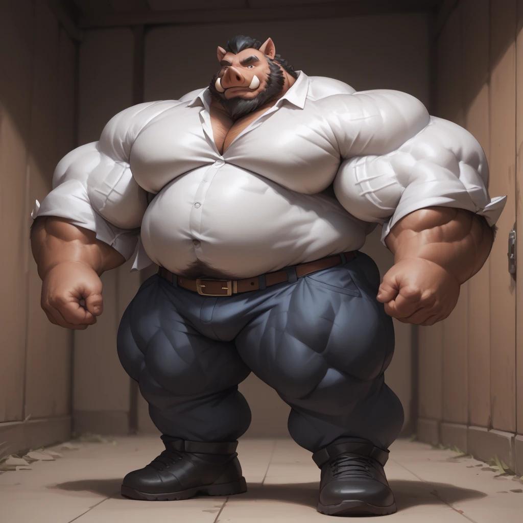 ((Masterpiece)),((Hight quality)),((Hught Detailed)),((Realistic,)) Anime Artistic masterpiece art, Concept anime art, Obese Nerd Pig, He is very Obese and very muscular beast, He wants to train and get bigger and stronger to become a huge sumo wrestler, He is in his room doing power poses so he can see his entire body and admiring how big he is.