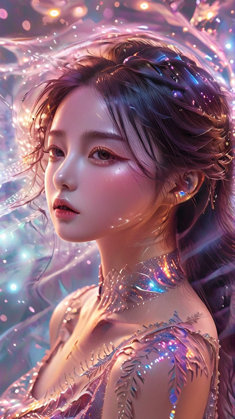 Best quality，8k，high resolution，masterpiece，Ultra Detailed，lifelike，Photorealism，A beautiful Korean girl，45度斜侧着Looking up，Red hair with two braids，戴着Purple的月亮发夹，穿着Purple的的吊带衫，(穿着Purple牛仔裤:1.5)，(脚上穿着Purple高跟鞋，Black thin socks:1.5)，There are doodle moon and stars on it，Purple的眼睛和Purple长睫毛，Purple的金属项链和吊坠耳环，(whole body:1.5)，(Vision:1.5)，(她一只手拿着Purple的钻石话筒)，(一只手举着Purple的荧光棒)，Funny and lively expressions，Purple，Platinum hue，Hand drawn art style，Graffiti Art，Street art，虚化的Purple泡泡背景，Bright colors，45 oblique angle，Looking up，Ultra HD, Physically Based Rendering，Extremely detailed description，Ultra-detailed paintings，Futuristic interior decoration，Neon lights，Sharp focus，Vibrant colors，Science Fiction，Concept Art，High-tech atmosphere，Studio Lighting，HDR，Ultra HD，Bokeh