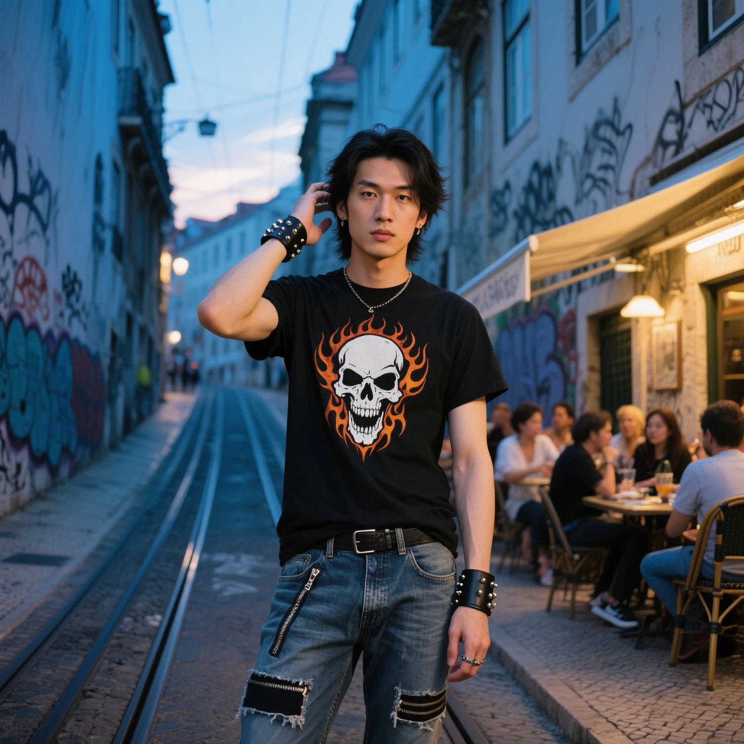 ((best quality)), ((masterpiece)), (detailed), (4man), the exploited punk rock band, full body, on the stage(skull flags)sound system, dreadlock hair(red color), in the concert, crowed people