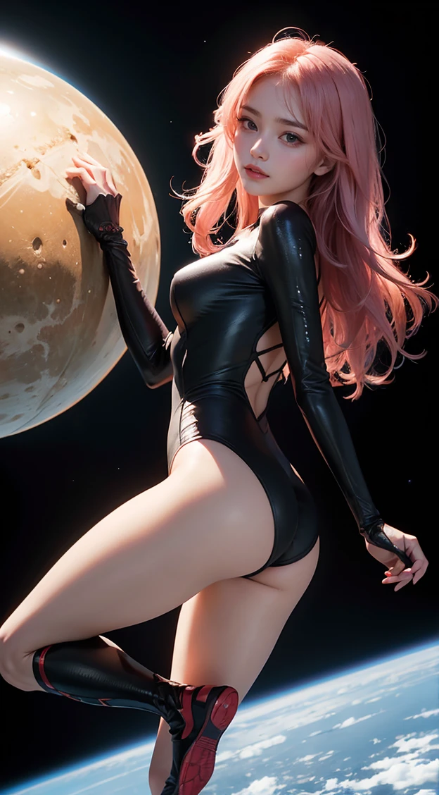 Deep space and planets and orbital station. Female astronaut in a shiny tight-fitting spacesuit. She&#39;she&#39;s wearing lace lingerie. She has a beautiful figure. Red hair.  thighs and panties visible