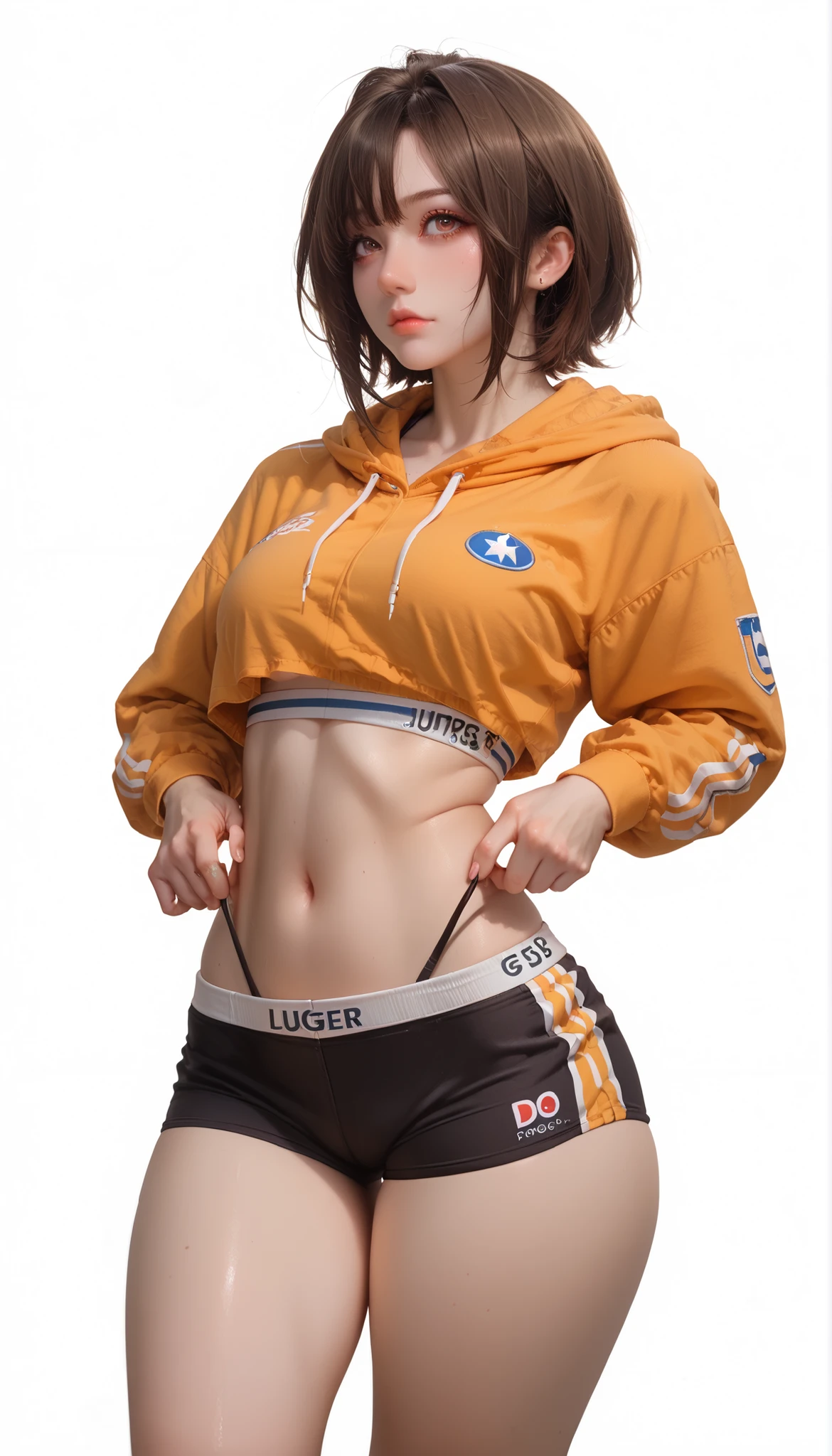 score_9, score_8_up, score_7_up, cartoon of a girl, solo, sexy, slutty, brown skin, brown eyes, brown hair, straight hair, skinny, Combine the thong with a cropped sports bra or hoodie and biker shorts or joggers worn low on the hips to show off the thong waistband. White background