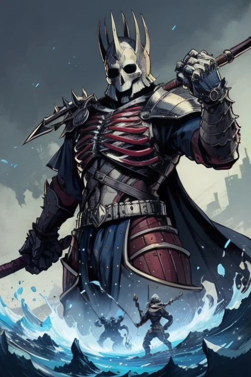 There is blood, 1 boy, Skull Mask,armor, Male focus, Solitary,arms,sword,peak,Looking at the audience, blue_fire,sleep, Put on your hat, Keep, (masterpiece), (best quality), Human Development Report, Intricate details,