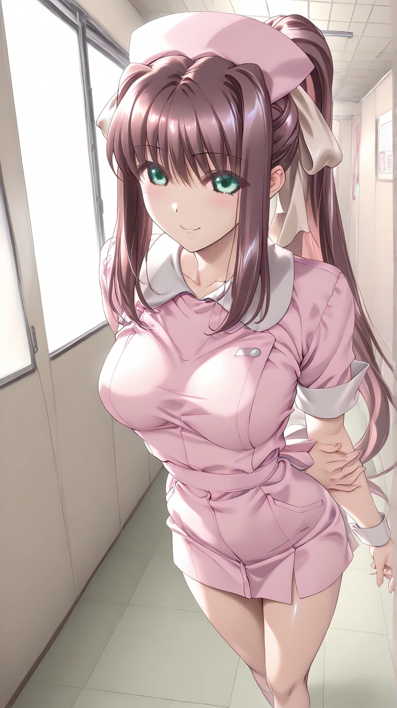 yuikotegawa, yui kotegawa, black hair, (brown eyes:1.5),big breasts,happy smile, smile, open your mouth, long hair,transparent and pink latex, Thighhighs, cleavage, pink panties, nurse cap, nurse, pink gloves, sexy pose,
break indoors, Examination room,
break looking at viewer, (cowboy shot:1.5),
break (masterpiece:1.2), highest quality, High resolution, unity 8k wallpaper, (figure:0.8), (detailed and beautiful eyes:1.6), highly detailed face, perfect lighting, Very detailed CG, (perfect hands, perfect anatomy),