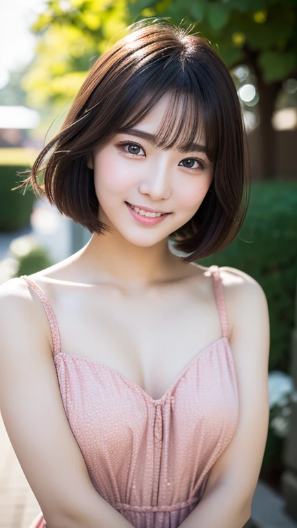 masutepiece, Best Quality, Illustration, Ultra-detailed, finely detail, hight resolution, 8K Wallpaper, Perfect dynamic composition, Beautiful detailed eyes, Women's Fashion,Very short hair,Small breasts natural color lip, Bold sexy poses,Smile,Harajuku、20 years girl、Cute、Sexy shot looking at camera、pesant dress、Background outdoor
