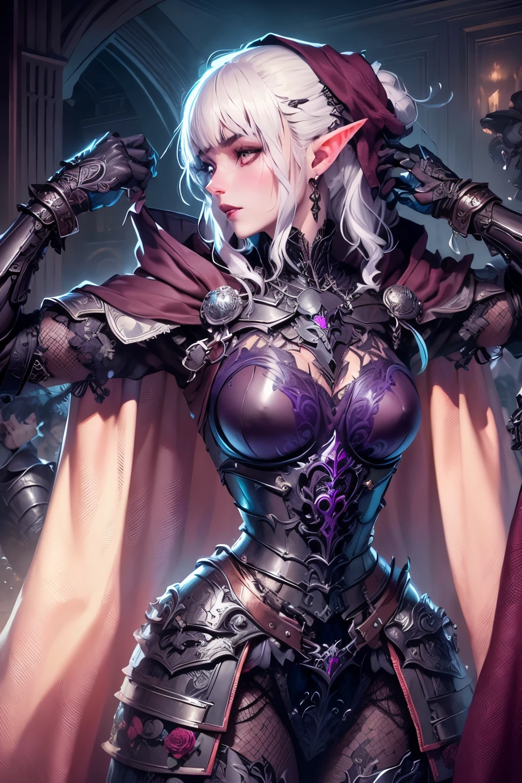 fantasy art, gothic art, (masterpiece:1.5), full body best details, highly detailed, best quality, Glowing Purple, highres, full body portrait of a vampire, elf (Masterpiece, best quality: 1.6), ultra feminine, wizard, (intricate details, Masterpiece, best quality: 1.5) with a long curvy hair, light color hair, blue eyes, (fantasy art, Masterpiece, best quality), ((beautiful delicate face)), Ultra Detailed Face (intricate details, fantasy art, Masterpiece, best quality: 1.5), [[vampiric fangs 1.5]] (red cloak: 1.3) , flowing cloak (intricate details, fantasy art, Masterpiece, best quality: 1.3), wearing an intricate black dress (intricate details, fantasy art, Masterpiece, best quality: 1.5), high heeled boots, urban background (intense details, beat details), fantasy, at night light, natural ,moon light, clouds, gothic atmosphere, soft light, dynamic light, [[anatomically correct]], high details, best quality, 8k, [ultra detailed], masterpiece, best quality, (extremely detailed), dynamic angle
