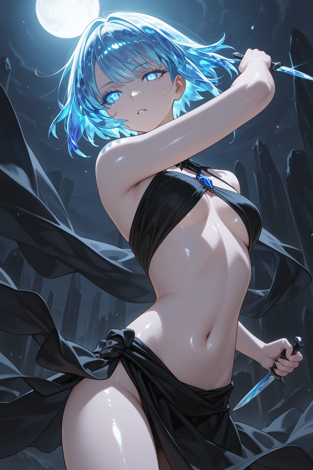 Unprecedented masterpiece, holding a katana、Sexy and colorful、Blue、((A miniskirt))、frilld、Handsome girl、A detailed face、face perfect、perfect eyes、high detal