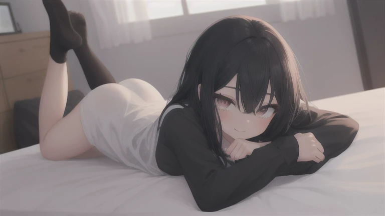 masterpiece, best quality, 1girl oekakizuki, on back, black shirt, sleeping, attractive, cute, a single streaming tear