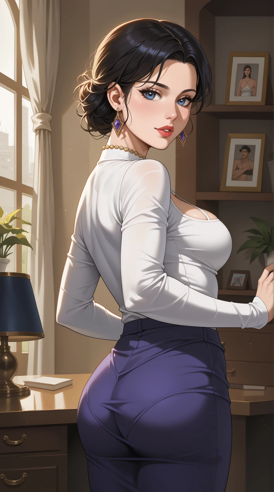 Hot sexy beautiful milf mom , hoops earrings,black hair,long slick back hair,blush,blue eyes, necklace ,one hair bun, lipstick, a light purple turtleneck, dark, flowing transparent lobg skirt,black sunglasses on head, protruding ass