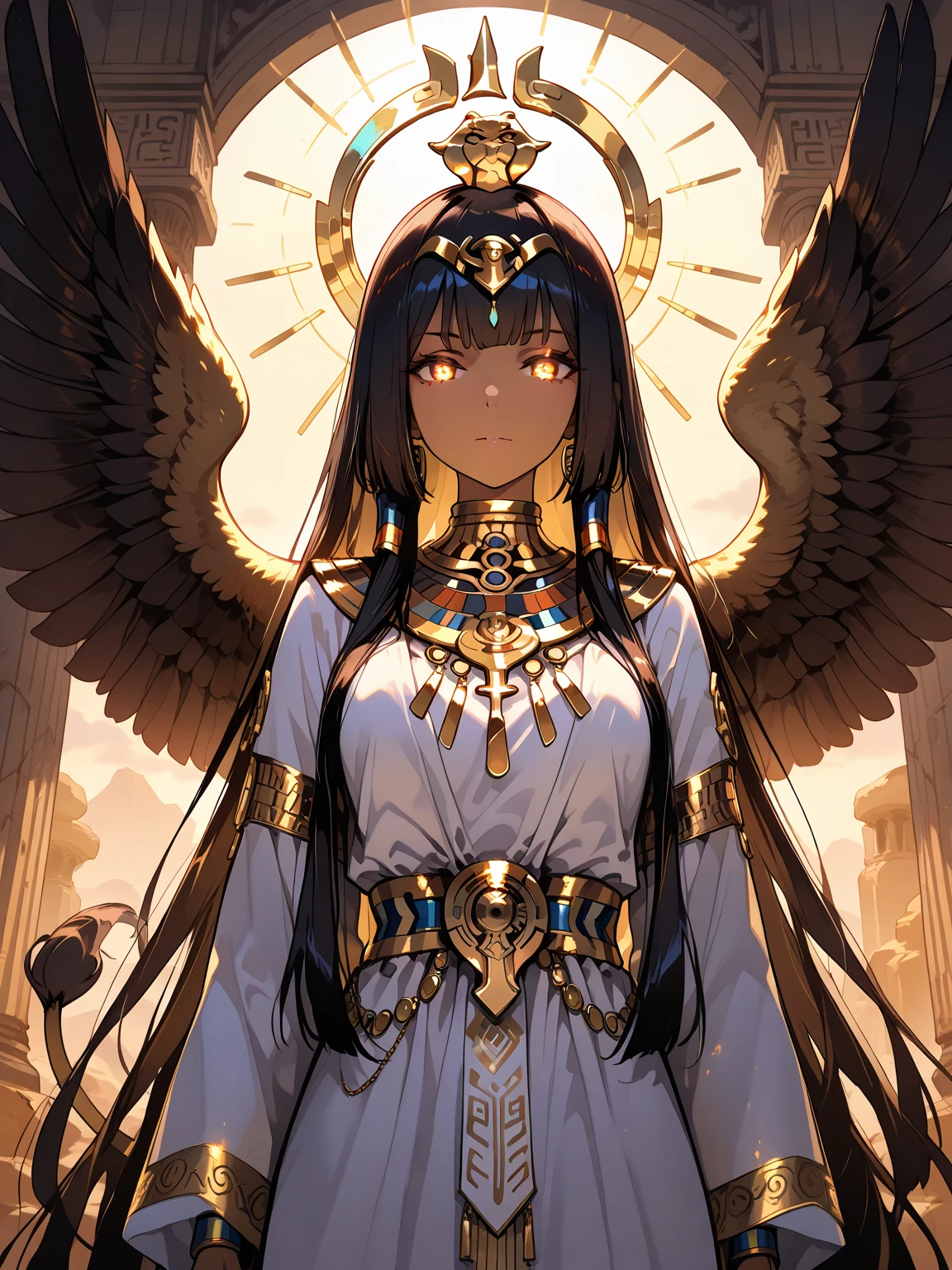 Anubis, ((Best quality)), ((masterpiece)), (detailed: 1.4), crysis nanosuit, square chin, Guweiz-style art, Guweiz, beautiful character painting, Guweiz in Artstation Pixiv, Guweiz in Pixiv ArtStation, beautiful digital art, Wlop Rossdraws, masterpiece Guweiz, (Absurd), ((head adornment that falls in two straps over the shoulders and has the part hanging over the nape of the neck tied in braid, called nemes)), Thin woman, Egyptian airplane pilot ready for war, perfect body, dark skin, Tutankhamun mask, (((Hemhem crown on head, Style of a triple Atef)))), ((((Khat))), (((defined muscles, half thick bare thighs, closed mouth, only in panties, muscular body covered by technological clothing, Neon Genesis Evangelion style, cyberpunk, ((Sphinx)), (Cleopatra), head covered by an Egyptian ornament in the shape of a golden eagle wing, ((perfect medium breasts)), (white eyes without pupils), ((black, silver and red clothing)), (((long black straight hair with heavy bangs on the forehead)))), (Egyptian ornaments), ((hieroglyphics on the arms)), short underwear, garter belt, by mucha, niji --V5, close to the real, psychopath, crazy face, sexy pose, background with a sphinx, 2 pieces clothing, pastel, centered, scale to fit the dimensions, HDR (High Dynamic Range),Ray Tracing,NVIDIA RTX,Super-Resolution,Unreal 5,Subsurface Dispersion, PBR Texture, Post-processing, Anisotropic filtering, Depth of field, Maximum clarity and sharpness, Multilayer textures, Albedo and specular maps, Surface shading, Accurate simulation of light-material interaction, Perfect proportions, Octane Render, Two-tone lighting, Wide aperture, Low ISO, White balance, Rule of thirds, 8K RAW