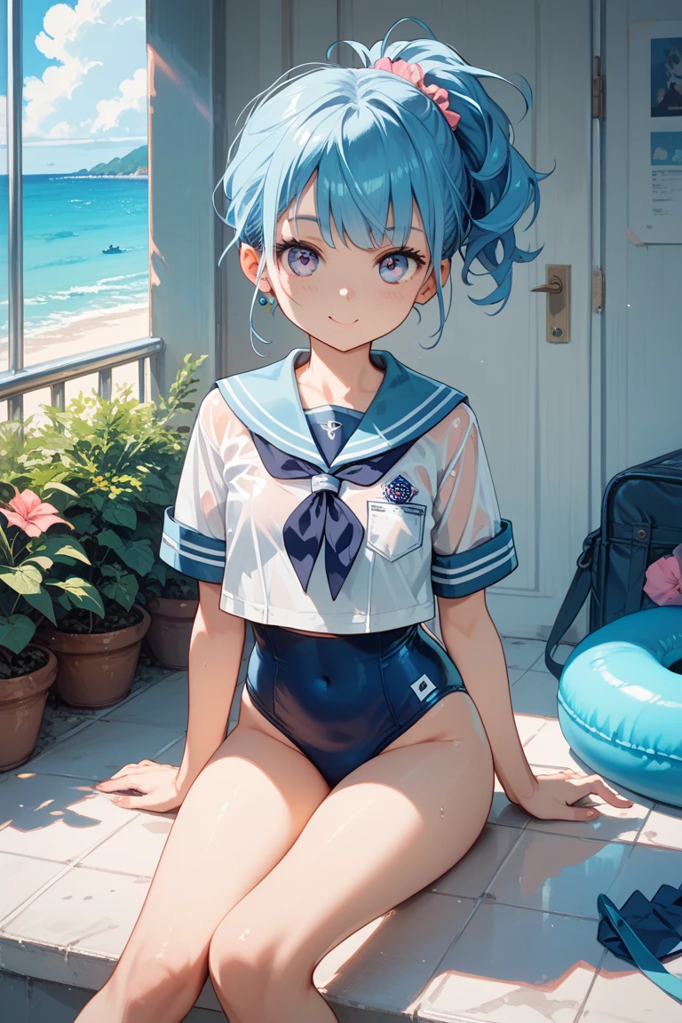 Aoi_Fukayuki、1 girl in、anime styled、full bodyesbian、(blue hairs)、(shorth hair)、a smile、red tide、blue eyess、white sailor school uniform top, red tie, school swimsuit, blue one-piece swimsuit, sailor collar, white socks, loafers,、hightquality、best qualtiy、emphasizing thighs、to stand、paw pose