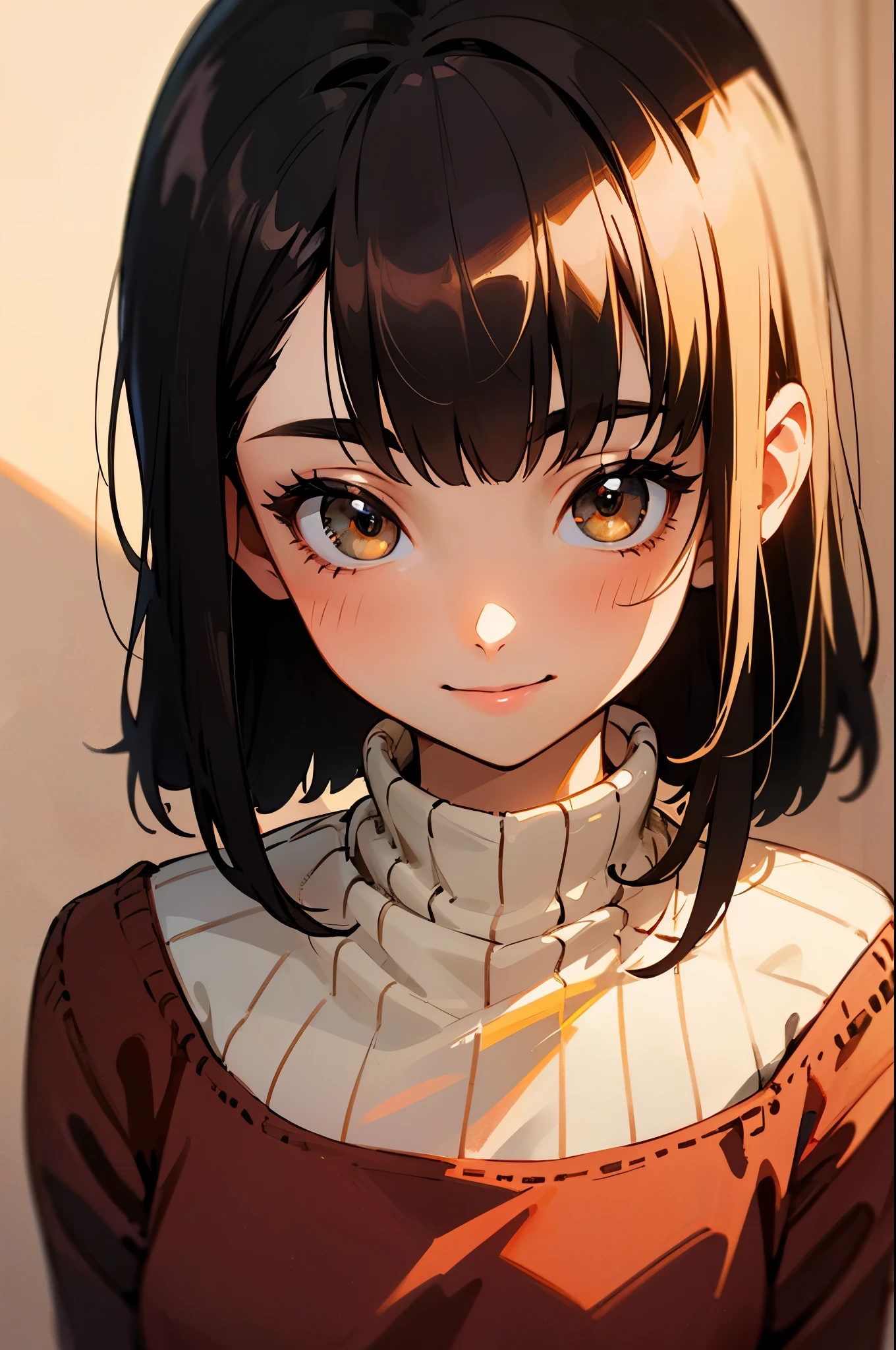  1 adult female、solo、Shiny Black Hair、STRAIGHT BOB HAIR、brown eyes in the bedroom、Saggy Eyes、Smiling、upper body closeup、colorful knitwear、(top quality、Super Detailed)、digital painting background、bright color、soft lighting