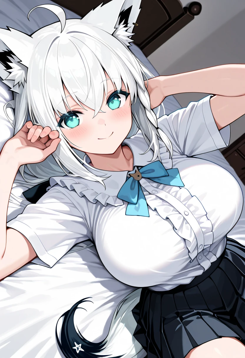 (1girl), ((mature women)), (solo), ((blue eyes)), squinted eyes, ((long hair)), ((white hair)), (wolf ears), (messy hair), headwear, (hair clips), face blush, ((pouting expression)), arms at side, choker, (white jacket), (black skirt), ((lying position:1.5)), bedroom, female focus, ((medium breasts)), ((medium thighs))