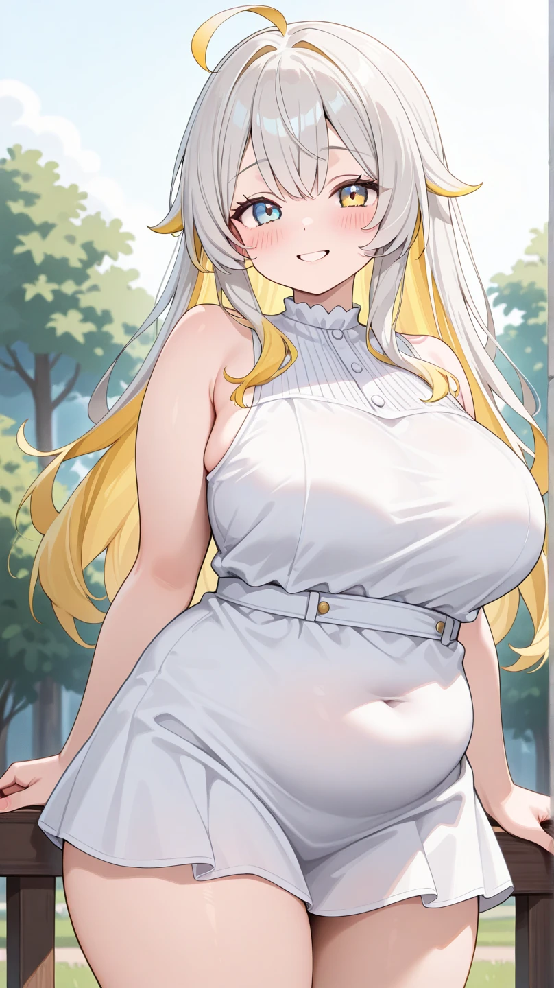 anya melfissa - hololive, 1girl, (((bimbo))), brown hair, very long hair, hair ornament, purple eyes, petite, (((bimbo))), thin lips, painted lips, shy smile face, pregnant belly, big belly, wide hips, thick thighs, huge round ass, enormous natural breasts, shiny oily breasts, black dress, detached sleeves, leg ribbon, frills, thigh strap, full body, office, nsfw