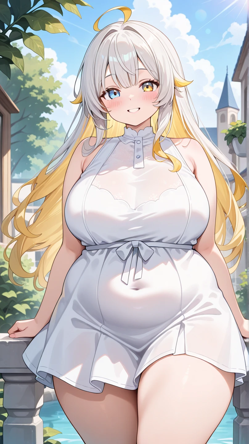 lumine_genshin_impack, 1girl, breasts, detached_sleeves, flower, upper_body, hair_flower, hair_ornament, long_sleeves, medium_breasts,  solo, standing,white_dress, white_flower, white_legwear,
blush,
outdoors,blue sky,  temple, looking at viewer, mountain, chubby, large belly, (big belly:1.4), round belly, shocked, open mouth, her belly swelling, (hands behind head:1.4), (solo:1.5), swollen belly, midriff, navel